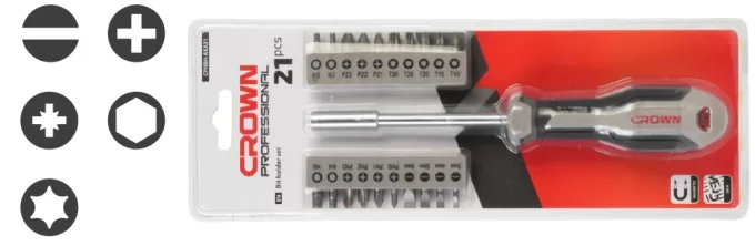 Набор бит с рукояткой 21 шт. CROWN CPHBH-AXA21