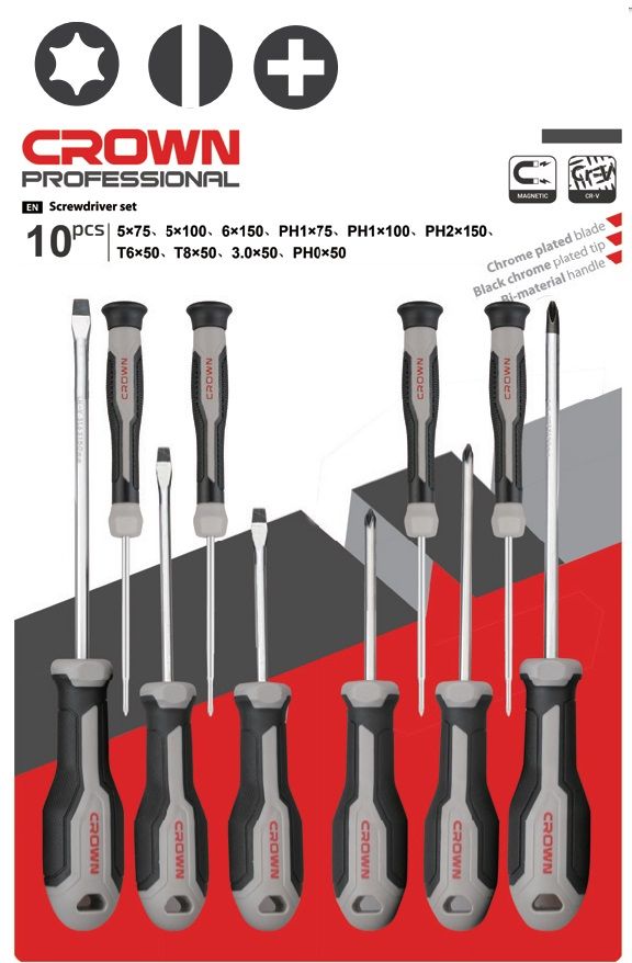 Набор шлицевых крестообразных отверток 10 шт. CROWN CPHDS-AXA10