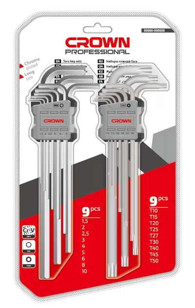 Набор удлиненных шестигранных ключей и звёздочек (9 шт. + 9 шт.) CROWN CPHOK-XA18
