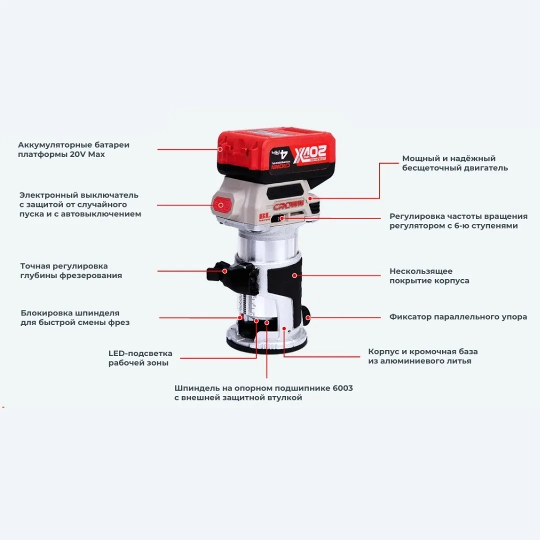 Фрезер аккумуляторный БЕЗ АККУМУЛЯТОРА CROWN CT26010HX
